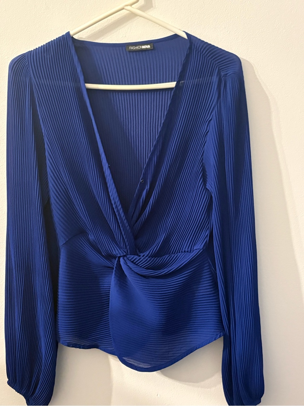Fashion Nova Cobalt Blue Pleated Twist Front Blouse Size L
